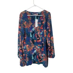 Soft Surroundings XL Nova Top Blue Coral Floral Button Down Botanical Resort